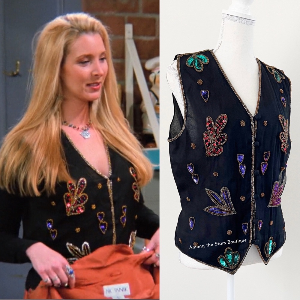 Rare 90s Vintage Embellished Sequin & Beaded Silk Vest ASO Phoebe in Friends - Picture 7 of 14